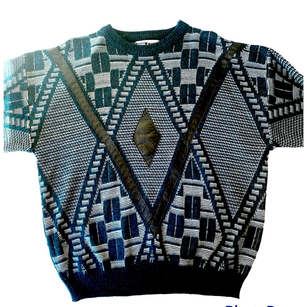 Urban Works Men’s Grandpa Sweater Vtg 90's Real Leather Trim Teal/White Sz L